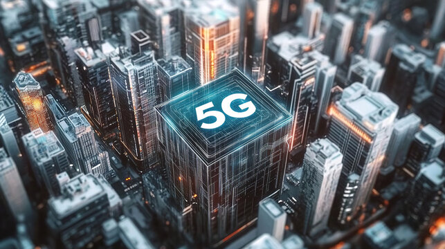 5G luminous icon under urban background and 5G communication technology concept
