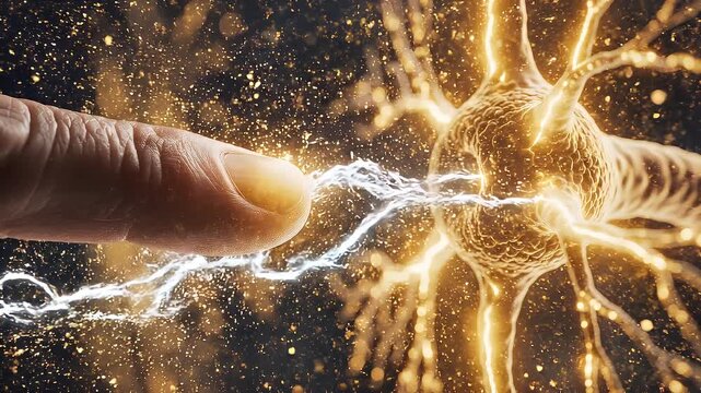 Conceptual representation of neuron firing with finger interacting with cell stimulation and neurological network Connection between brain cells and fingertip touching a nerve cell to trigger synapses