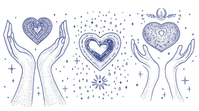 Three stylized depictions of hearts floating between hands, with stars, using a blue-inked aesthetic
