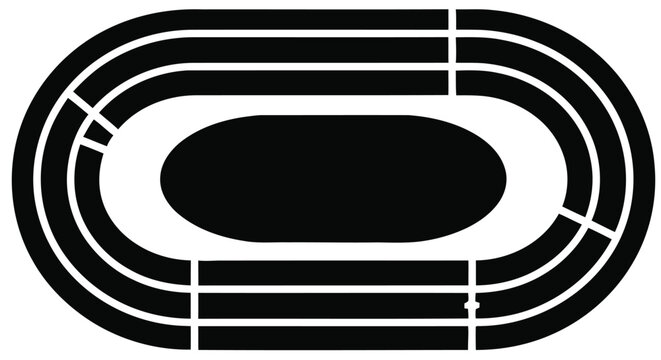 A minimalist black and white illustration of a running track or stadium oval