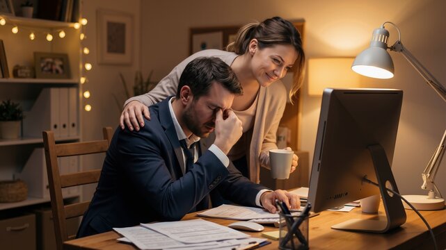 Woman supporting tired businessman working at computer in office at night. Stressed employee feeling burnout while colleague helps. Professional support, empathy and mental health care