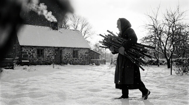 Old Woman Carrying Firewood Through Snowy Rural Yard