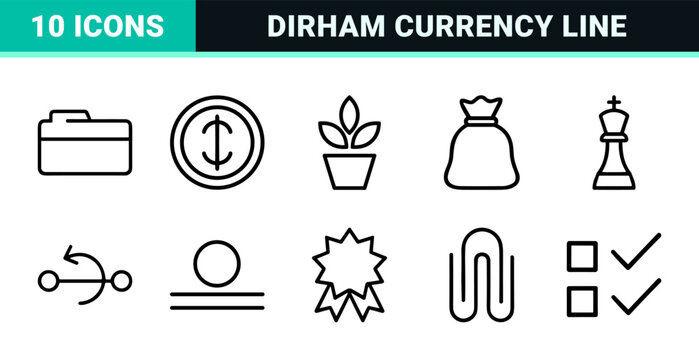 Middle eastern financial and dirham currency line icon set