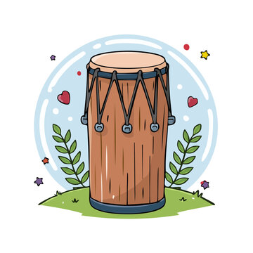 Single Conga Drum Illustration on Green Grass with Hearts and Stars