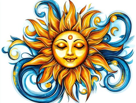 Unique artistic representation featuring a stylized sun with a face.