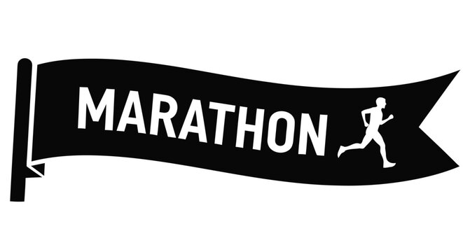 A black flag with the word marathon and a running figure illustration