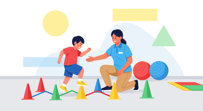 Child Physical Therapy Session: Kid Exercising with Therapist and Obstacle Course