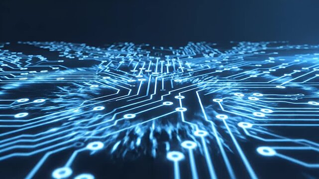 A futuristic, abstract image depicts a glowing blue circuit board pattern extending into the distance, suggesting advanced technology and interconnected systems.
