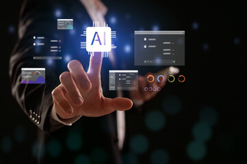 Fototapeta premium Businessman pointing Ai icon in Digital transformation technology concept, IoT, internet of things. transformation of ideas adoption of technology in business enhancing global capabilities. Ai