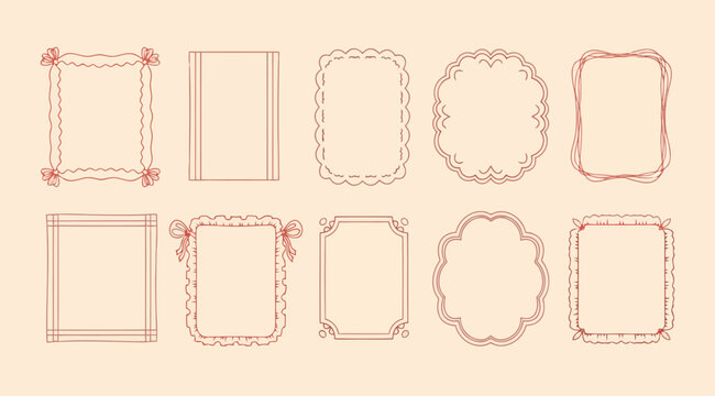 Set of decorative handdrawn rectangular frames and borders in red outline style