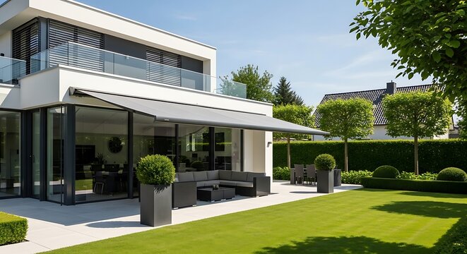 Modern luxury home exterior with spacious patio retractable awning and beautifully landscaped garden lawn