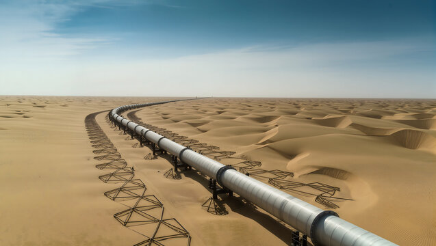 Long Oil and Gas Pipeline Crossing Vast Desert Sand Dunes under Clear Blue Sky