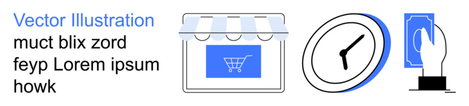 Online shopping, e-commerce platforms, digital payments, retail services, business transactions, customer experience. Storefront with shopping cart, clock and digital payment icon. Online shopping
