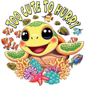 Cute and Happy Little Sea Turtle Kawaii Style with text "Too cute to Hurry", Vector Illustration EPS, perfect for tshirts prints, or other supports. Vector Customizable EPS