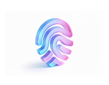 3D fingerprint made of smooth ribbon‑like lines in a blue‑pink gradient with a soft matte‑glass effect, rendered in a modern minimal style on a clean white background.