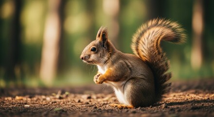Fototapeta premium A squirrel is sitting on the ground in a forest, looking around curiously.
