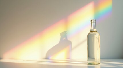 La brillante luz del sol atraviesa una botella de vidrio transparente, refractándose en un vibrante arcoíris prismático