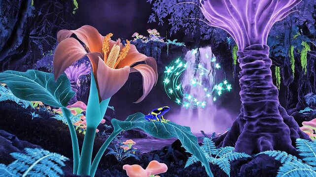 Exotic visuals in uvlit jungle paradise concept. Mystical enchanted forest with glowing plants vibrant flowers and magical waterfall fantasy nature landscape