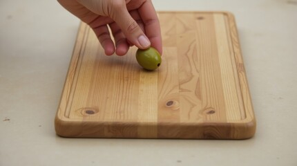 Colocación manual de una sola aceituna sobre una gran tabla de cortar de madera con espacio vacío