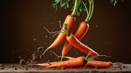 Zanahorias recién cosechadas con tierra cayendo de las raíces en el aire, congelación de movimiento dramática, fondo oscuro