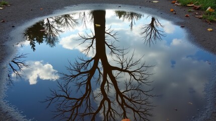 Un charco de lluvia refleja todo el cielo con una vasta extensión de nubes y la silueta de un árbol