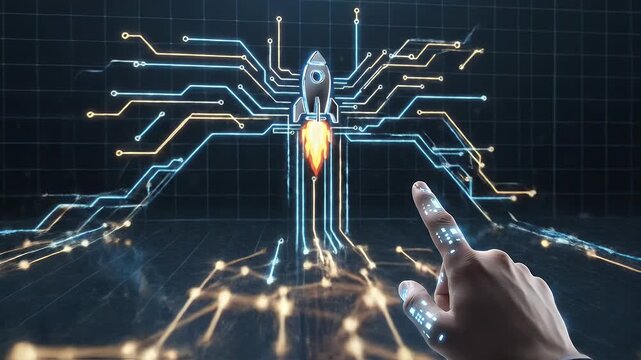 A hand interacts with a glowing rocket ship icon overlaid on a futuristic circuit board grid, symbolizing innovation and technological advancement.