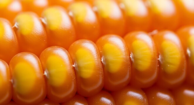 Macro shot of golden corn kernels, showcasing intricate textures and vibrant yellow hues in a detailed close-up