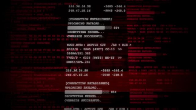 Red flickering data streams trigger a fatal system failure to symbolize a severe digital breach for cinematic editing.