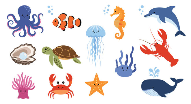 Collection of cute and colorful cartoon sea animals including an octopus, whale, crab, and various ocean fish.