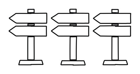 Hand drawn wooden signpost vector set, blank directional arrow signs for navigation, rustic black and white sketch of three road sign icons © Muhammad