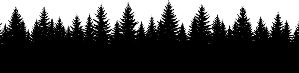 Obraz premium Seamless vector silhouette of a dense pine forest line, creating a minimalist natural border against a clean white background.