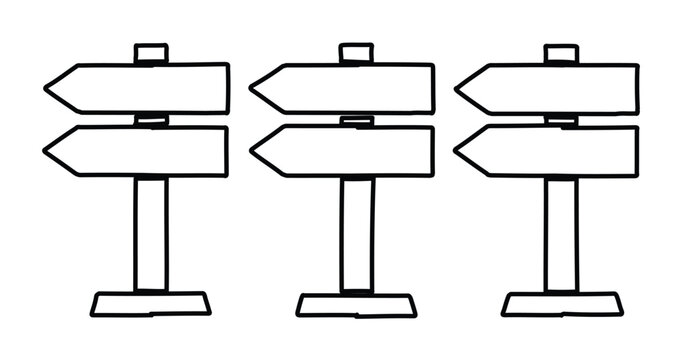 Hand drawn wooden signpost vector set, blank directional arrow signs for navigation, rustic black and white sketch of three road sign icons