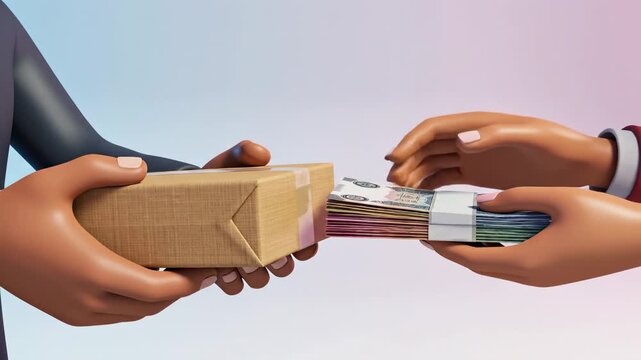 Package delivery and payment exchange animated rendering illustrating commerce and logistics with money transfer concept and cartoon style