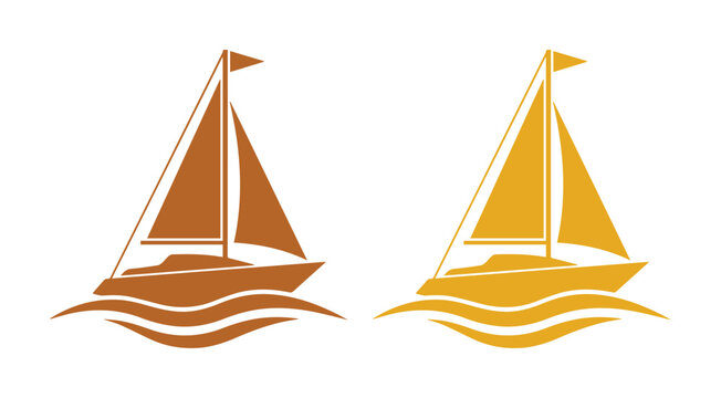 Minimalist sailboat vector icons in brown and gold, elegant yacht silhouettes on ocean waves, nautical sailing boat emblems for travel branding