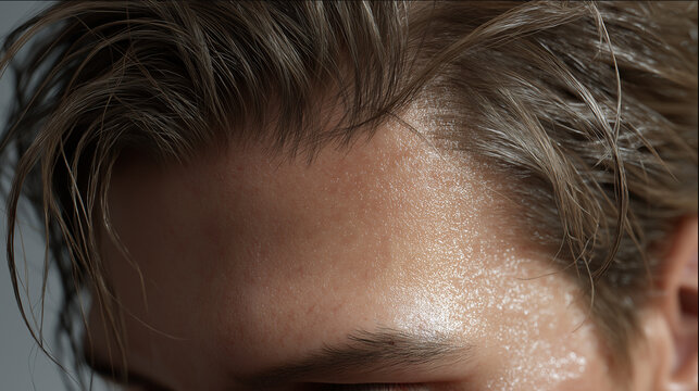 Closeup Sweaty Forehead And Hair Showing Dewy Skin And Beads Of Perspiration, Textured Strands Plastered To Scalp, Glossy Highlights From Strong Light, Intimate Grooming And Recovery Mood, Athlete