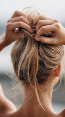Naklejka premium Blonde Woman Securing Ponytail Before Run, Hands Fasten Elastic Against Soft Sky, Poised For Outdoor Training With Windswept Strands And Focused Posture, Energetic Mood And Sporty Preparation.