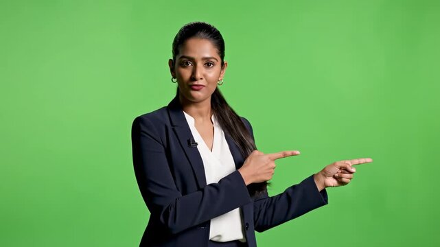 Professional woman in business attire presenting and pointing to chroma key background