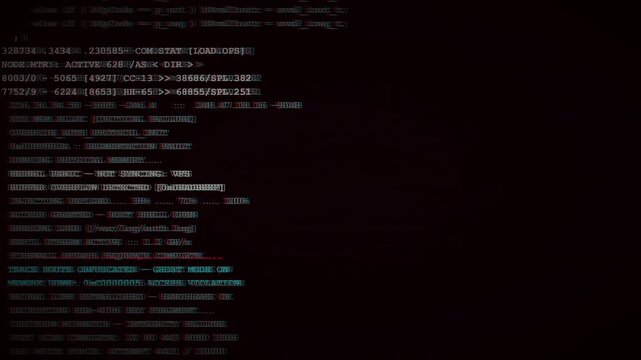 Fast scrolling scripts flicker with chromatic distortion to represent terminal collapse for cinematic digital security narratives.