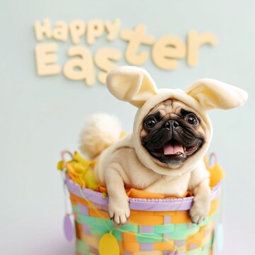 Lustiger Mops sitzt l&auml;chelnd in einem Osterkorb, verkleidet mit Hasenohren, mit Schriftzug Happy Easter