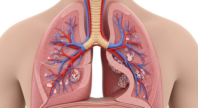 Detailed illustration of the human respiratory system lungs and bronchi.