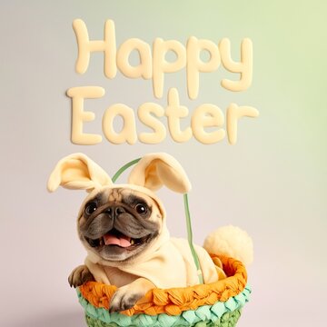 Lustiger Mops sitzt l&auml;chelnd in einem Osterkorb, verkleidet mit Hasenohren, mit Schriftzug Happy Easter