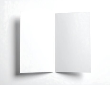 Open, white brochure against a white backdrop. Slight shadow adds depth to the two-page layout, emphasizing its blank canvas appearance