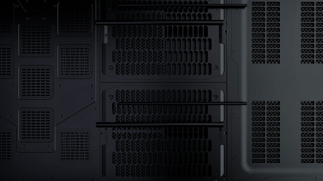 Futuristic Sci-Fi black metal panel wall. 3D render illustration.