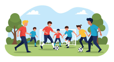 Obraz premium Group of diverse children playing a soccer match on a green field with a goal and trees under a clear blue sky during summer.