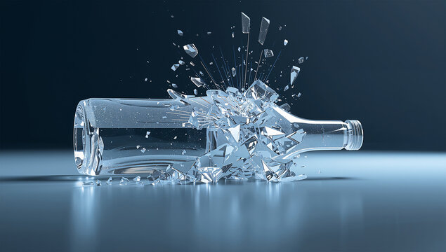 透明なガラス瓶が砕け散る瞬間を描いた高精細3Dイメージ