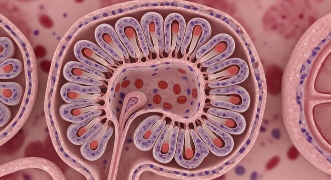 Microscopic View of a Glomerulus in the Kidney Illustrating Filtration Process.
