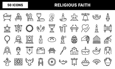 Fototapeta premium Religious christianity line icons set with bible and church symbols
