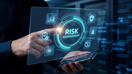 Fototapeta premium Businessman using digital risk management interface on tablet with virtual icons representing financial technology and data analysis 