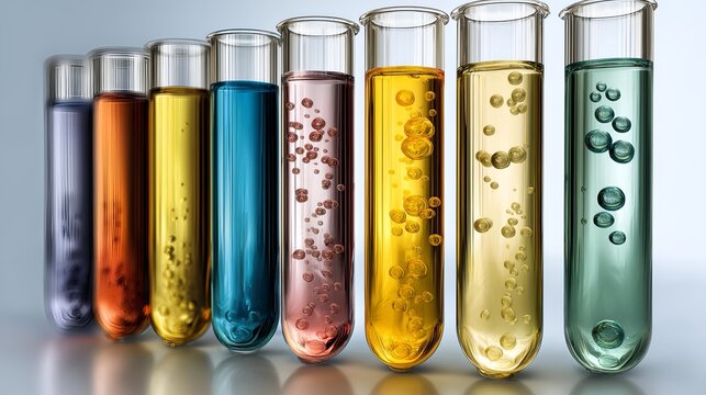 Colorful test tubes filled with liquids showcasing various reactions and hues for laboratory research and education.