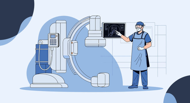 Doctor Examining Medical Scan Next to C-Arm X-ray Machine in Hospital